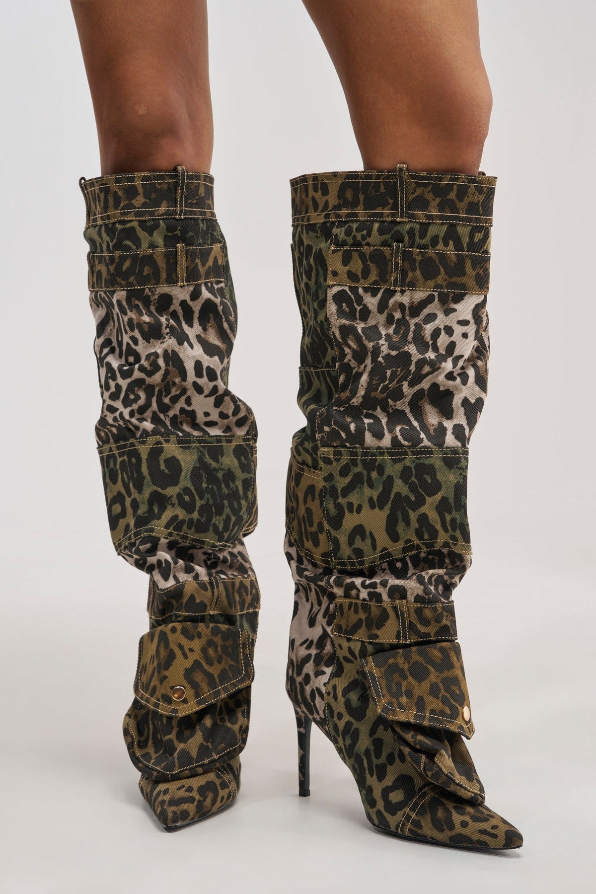 AKIRA GOLD HALOISE LEOPARD POCKET DETAIL STILETTO BOOT