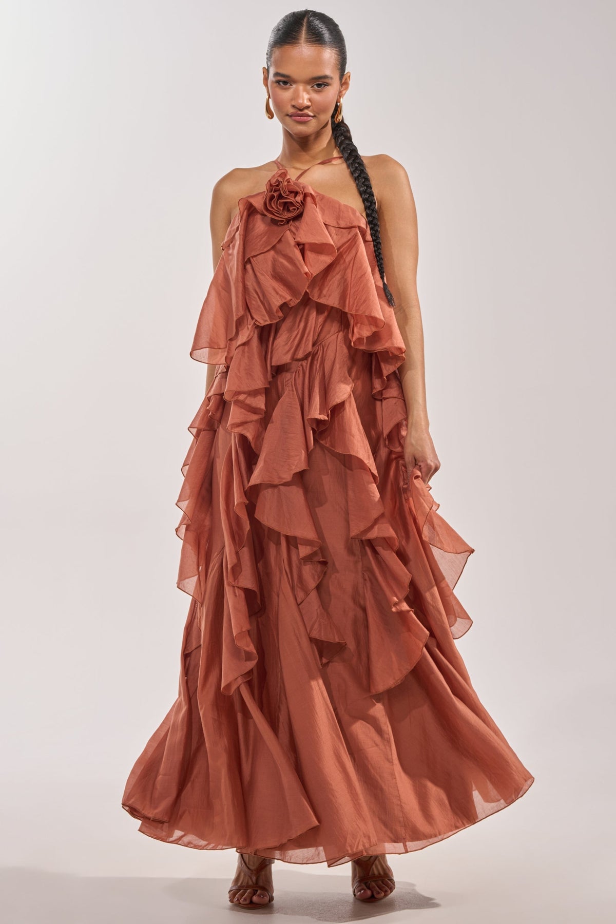 KISS ME SLOW CHIFFON MAXI DRESS IN RUST