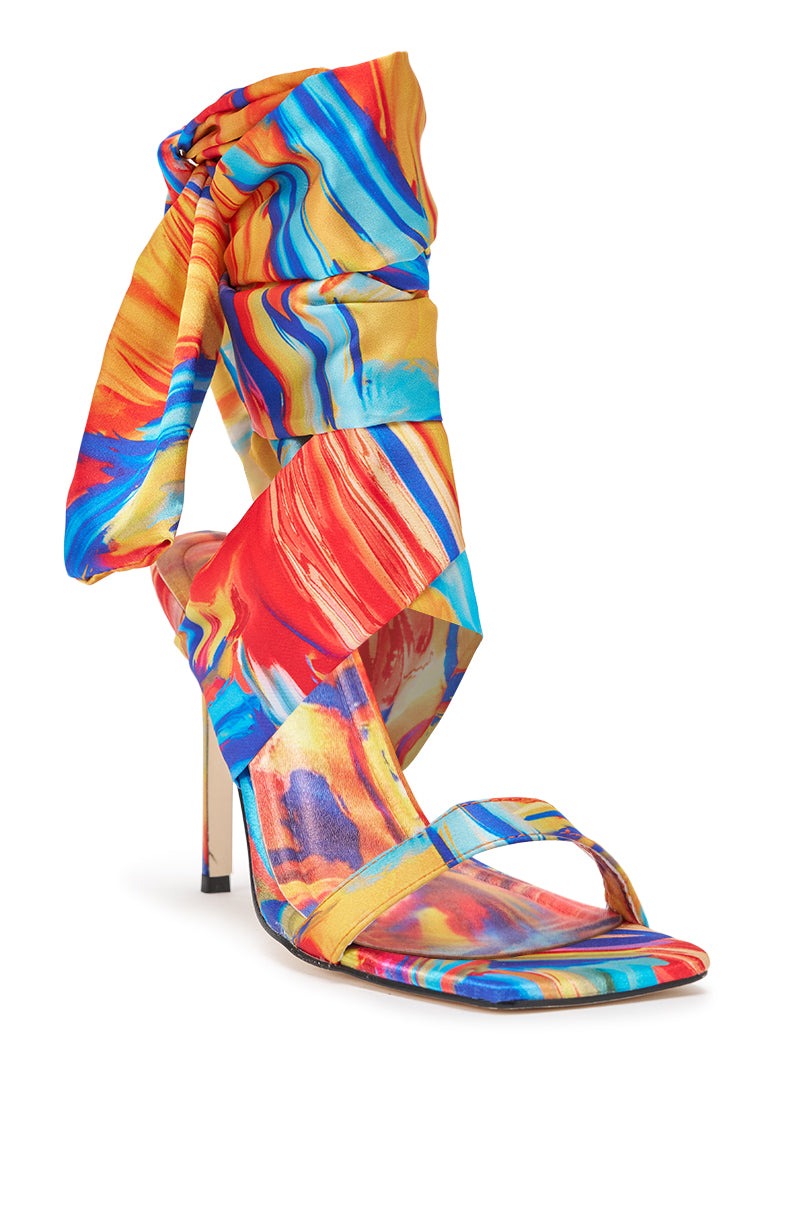 AZALEA WANG JOHA ORANGE MULTI PRINTED SATIN WRAP UP STILETTO