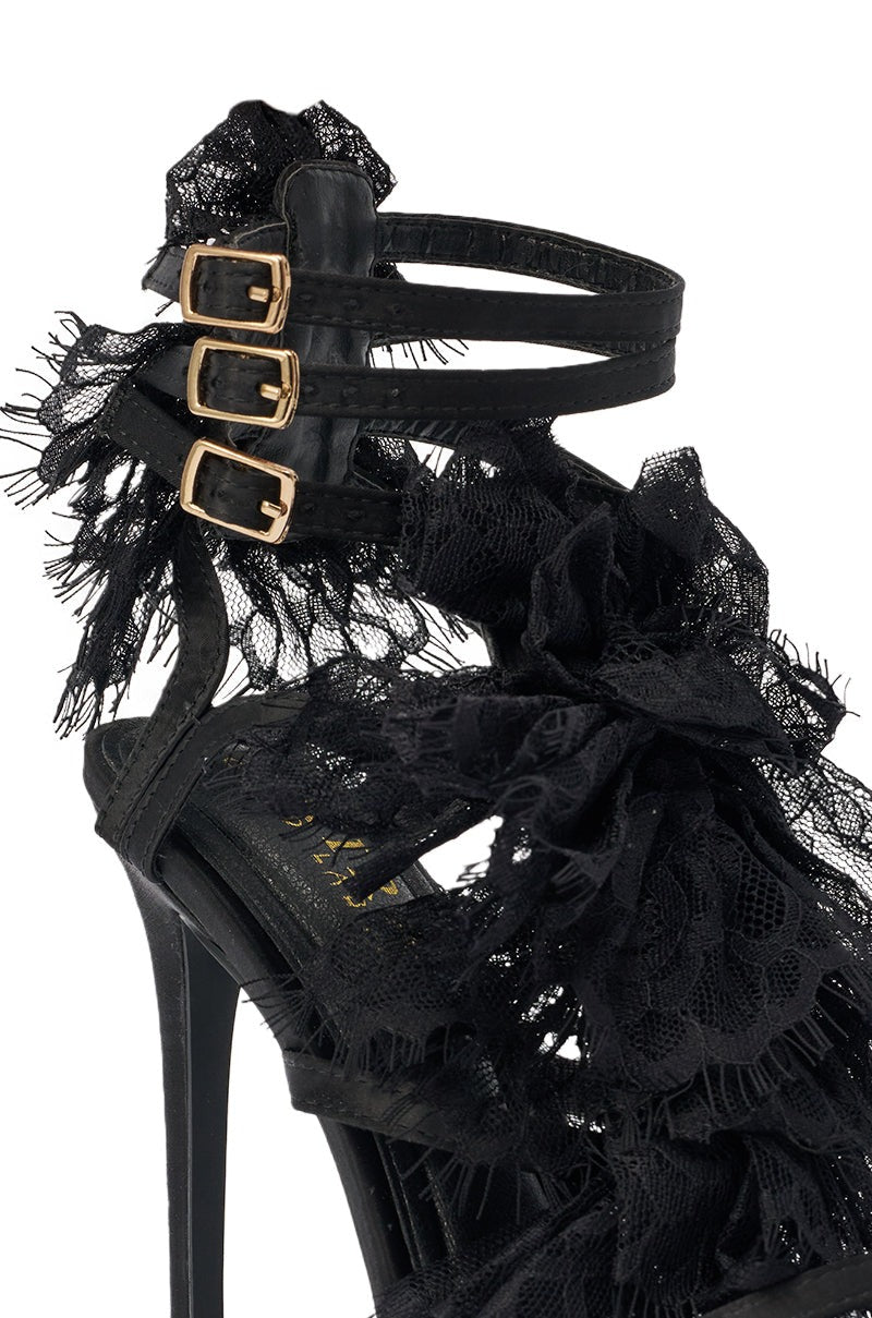 AKIRA GOLD BARRISTER BLACK LACE DETAIL STILETTO SANDAL