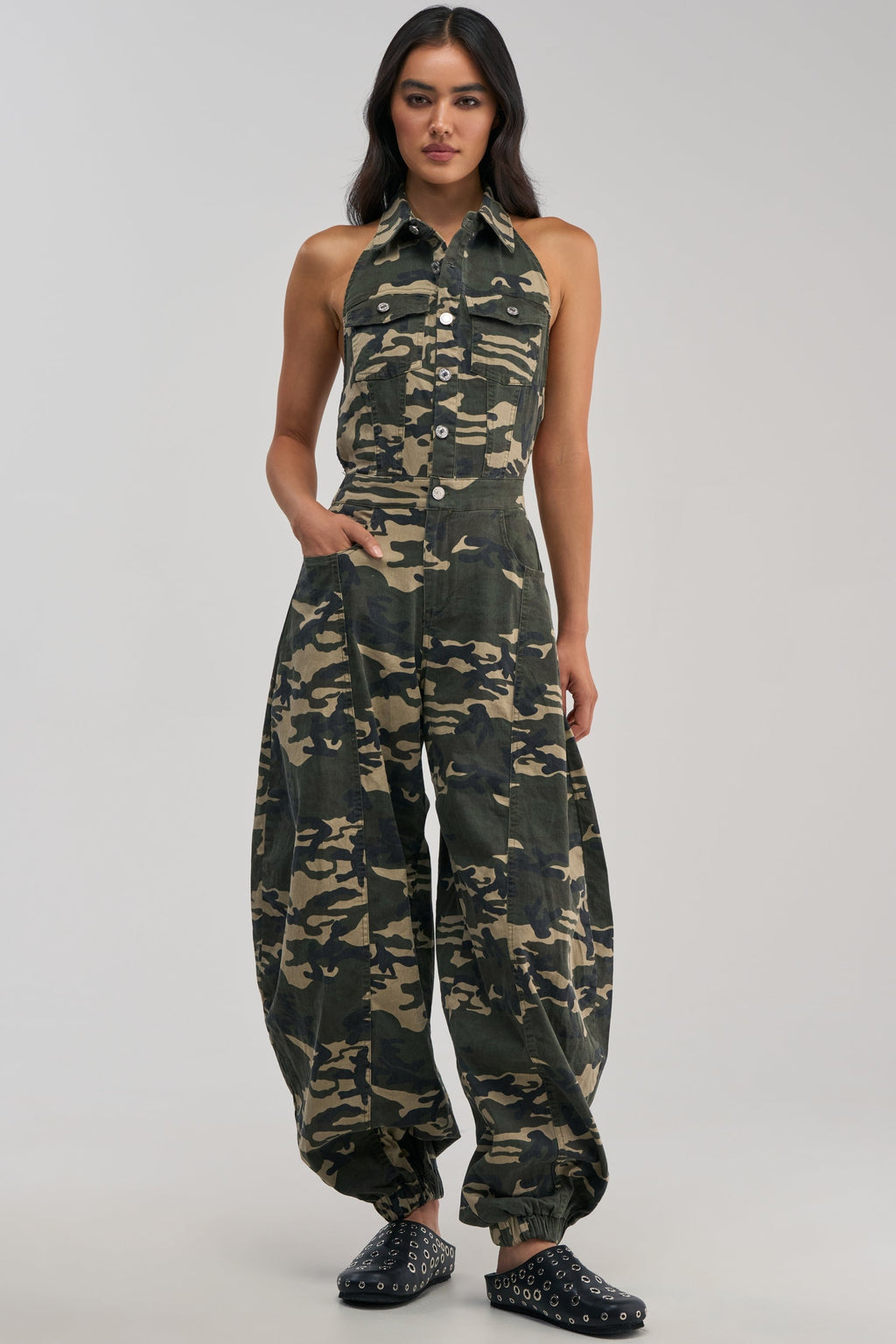 COUNT ME IN CAMO HALTER JUMPSUIT