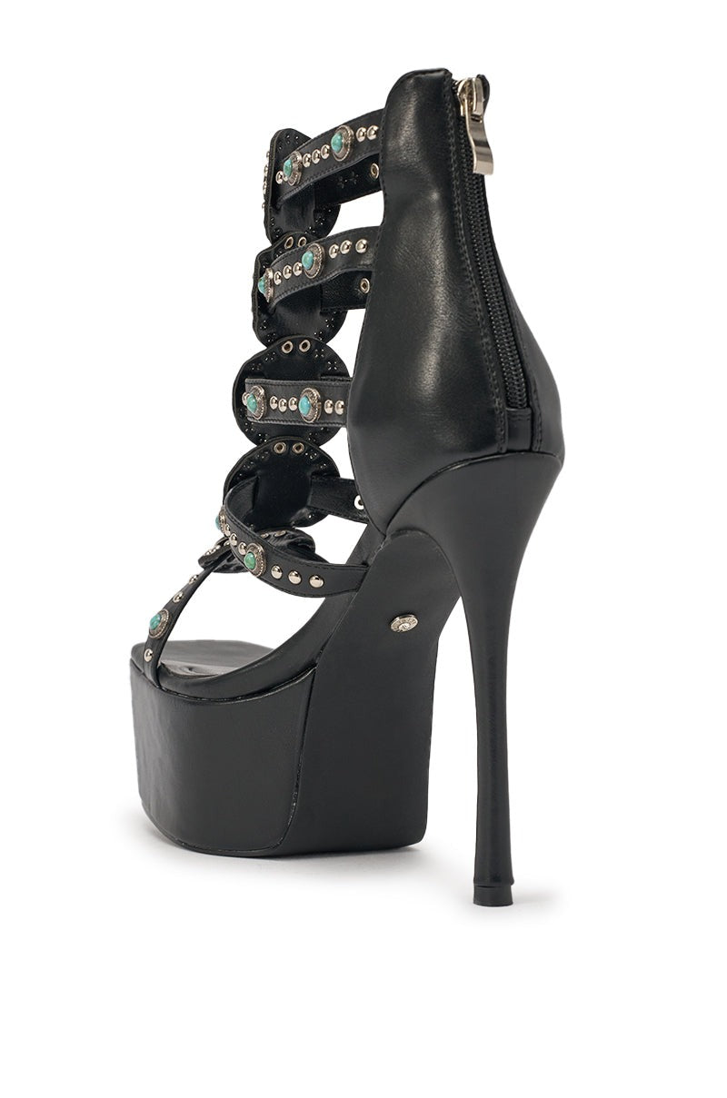 AKIRA GOLD FUANMARA BLACK EMBELLISHED SEXY STILETTO PU SANDAL