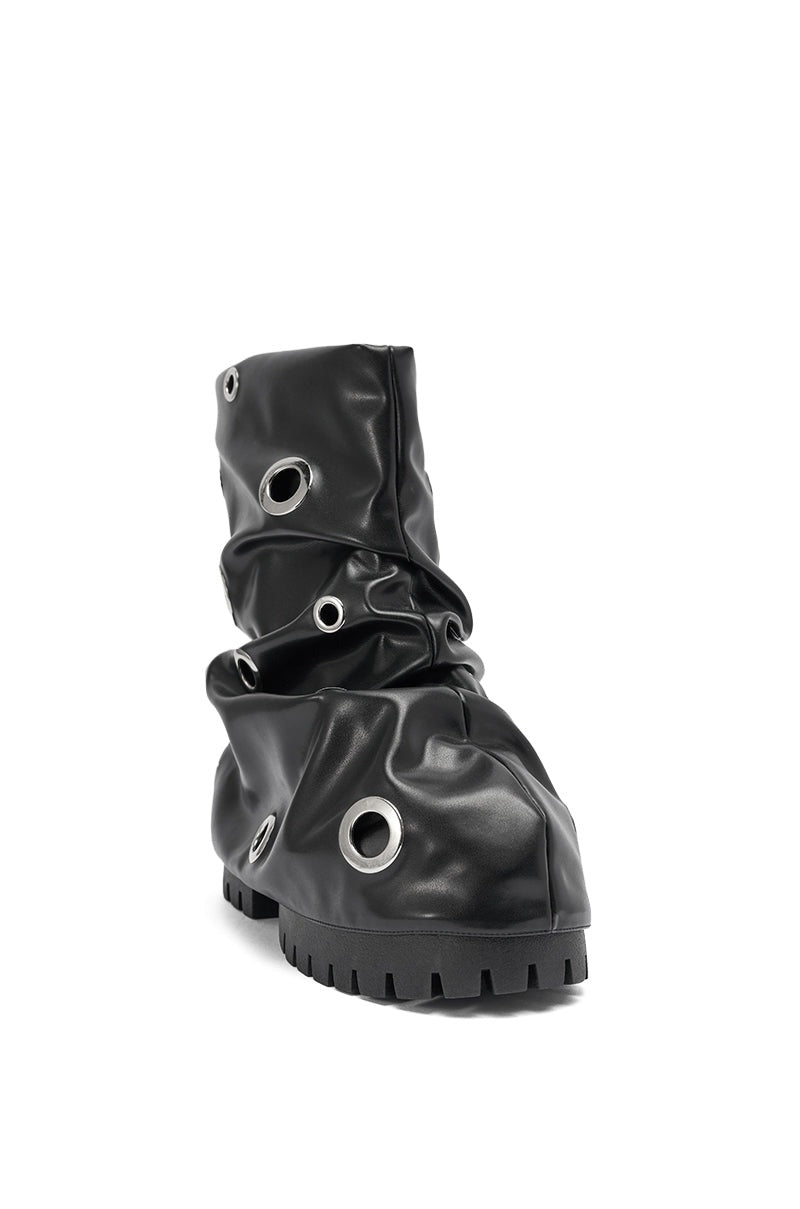 AKIRA GOLD FABLE BLACK GROMMET EMBELLISHED FLAT BOOTIE