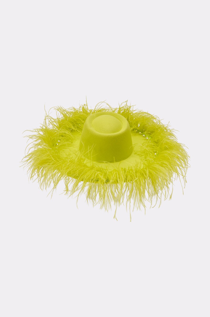 FEEL IT FEATHER BRIM HAT IN GREEN