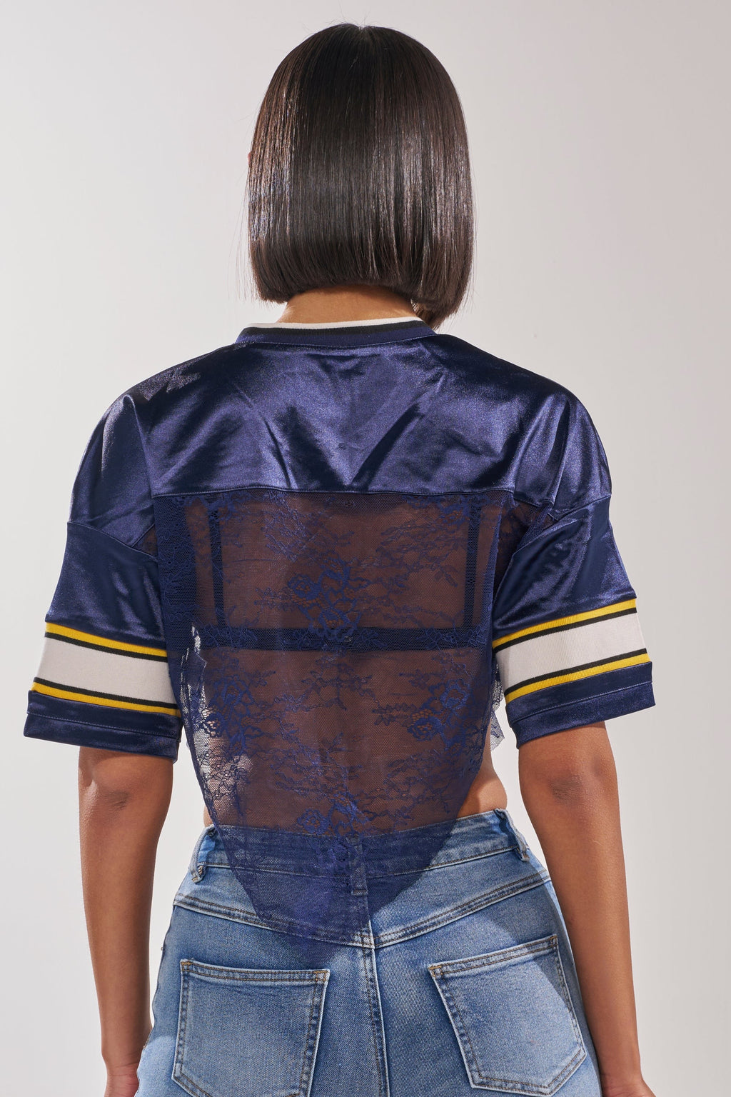 LUCKY LACE JERSEY TOP IN NAVY