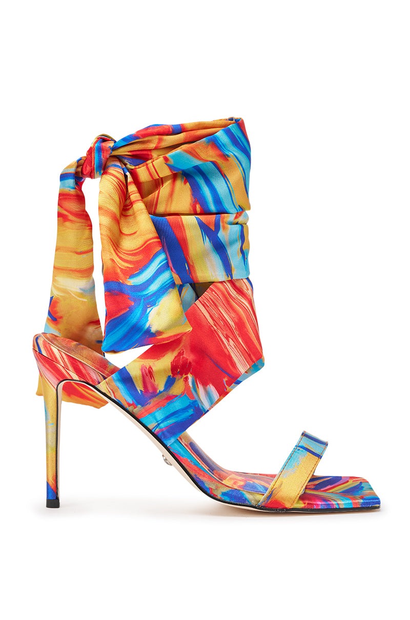 AZALEA WANG JOHA ORANGE MULTI PRINTED SATIN WRAP UP STILETTO