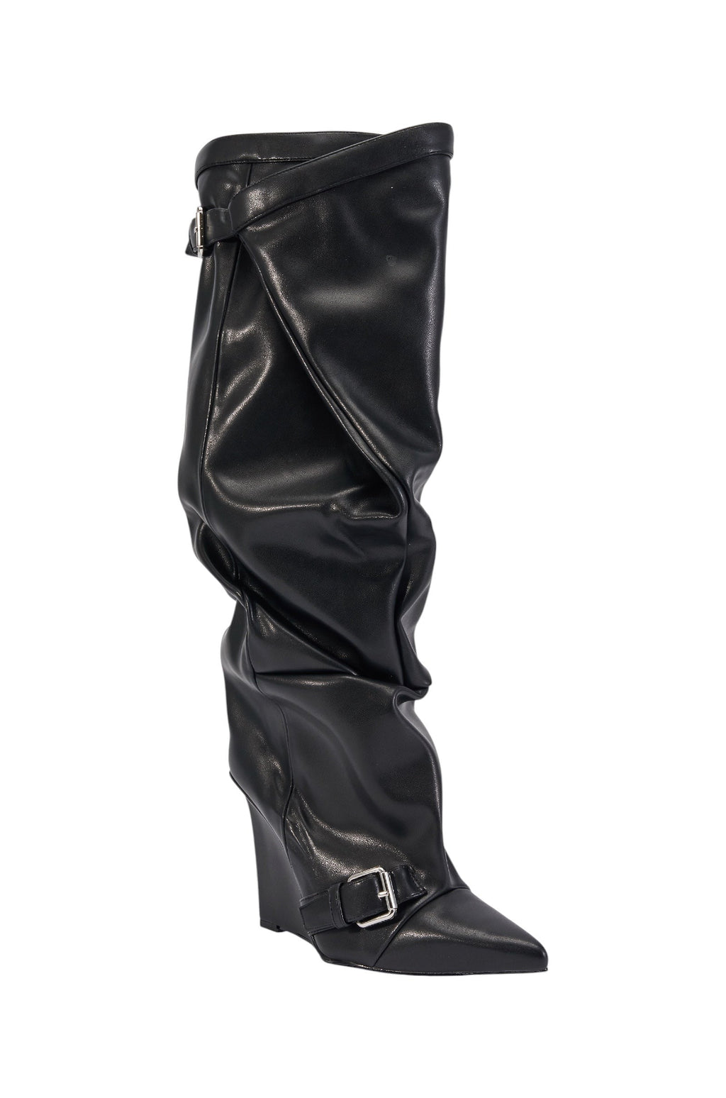 AZALEA WANG ARACELI BLACK BELTED DETAIL WEDGE BOOT