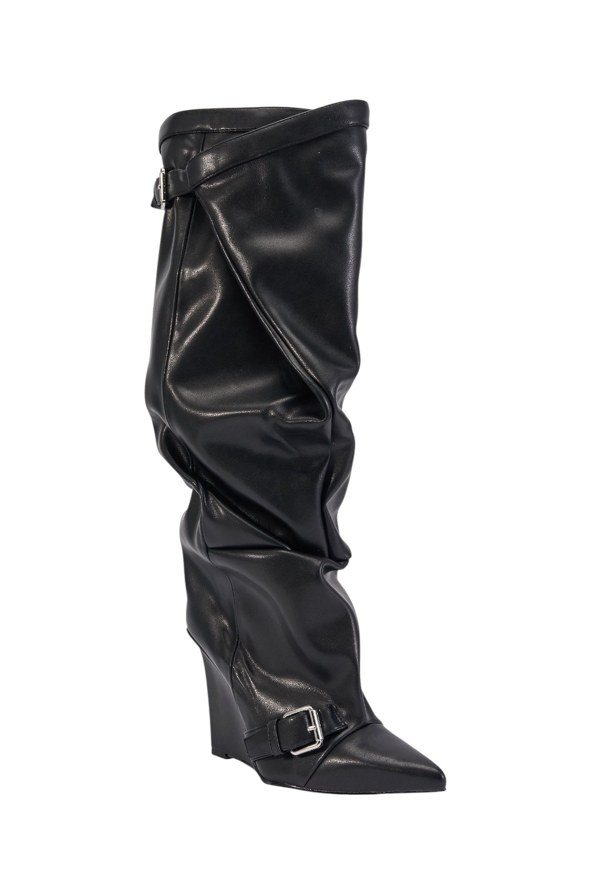 AZALEA WANG ARACELI BLACK BELTED DETAIL WEDGE BOOT