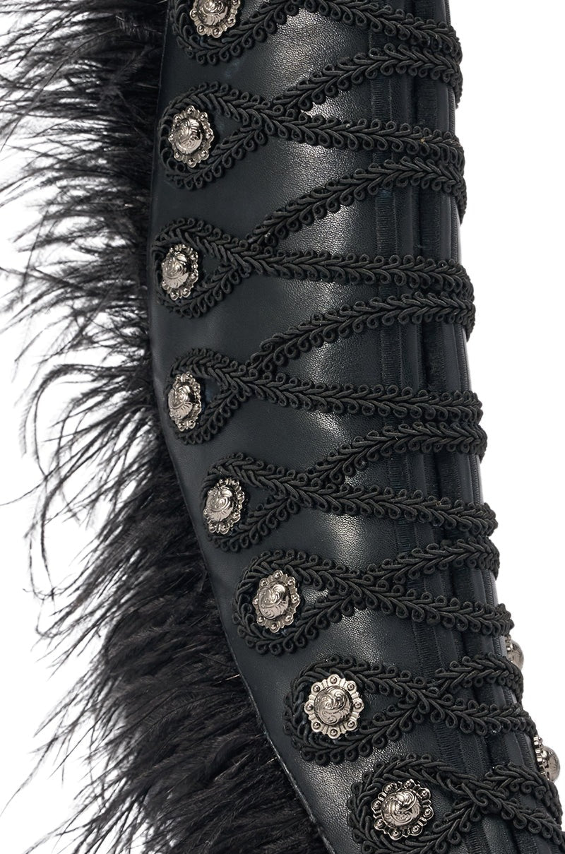AZALEA WANG BANSHEE BLACK MILITARY AND FEATHER STILETTO BOOTIE