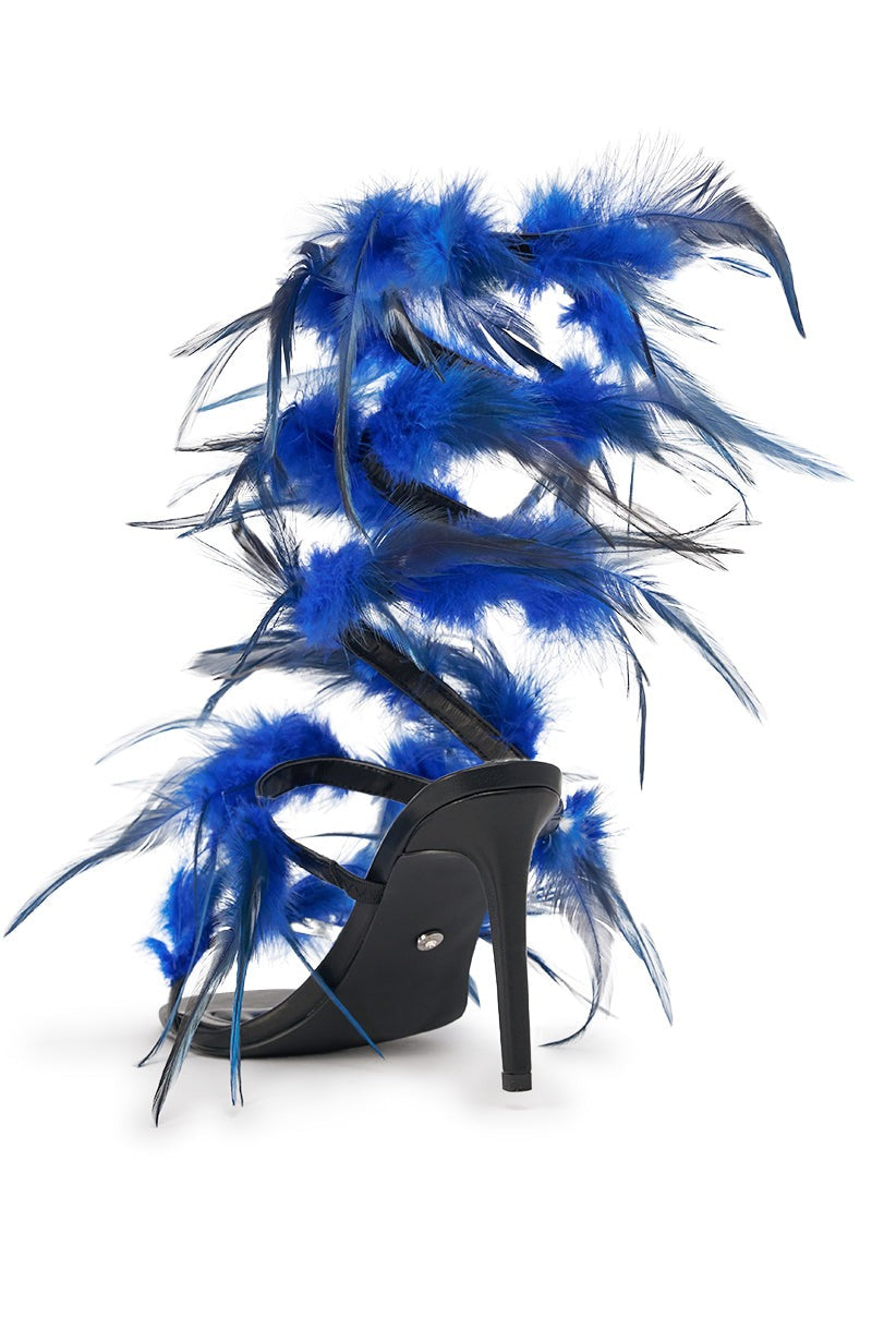 AKIRA GOLD COVERT FEATHER EMBELLISHED SPIRAL STRAP STILETTO SANDAL