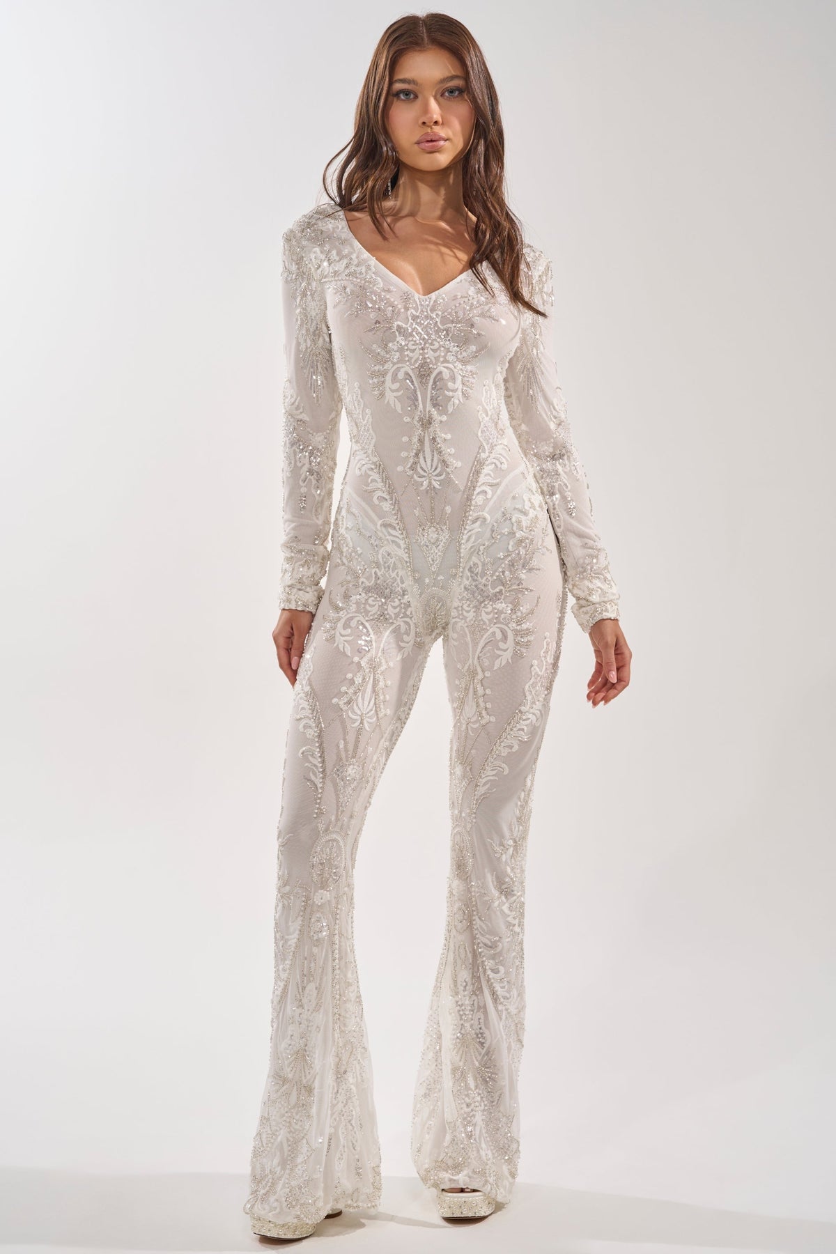 WATCH ME WORK EMBELLISHED SEQUIN JUMPSUIT IN WHITE
