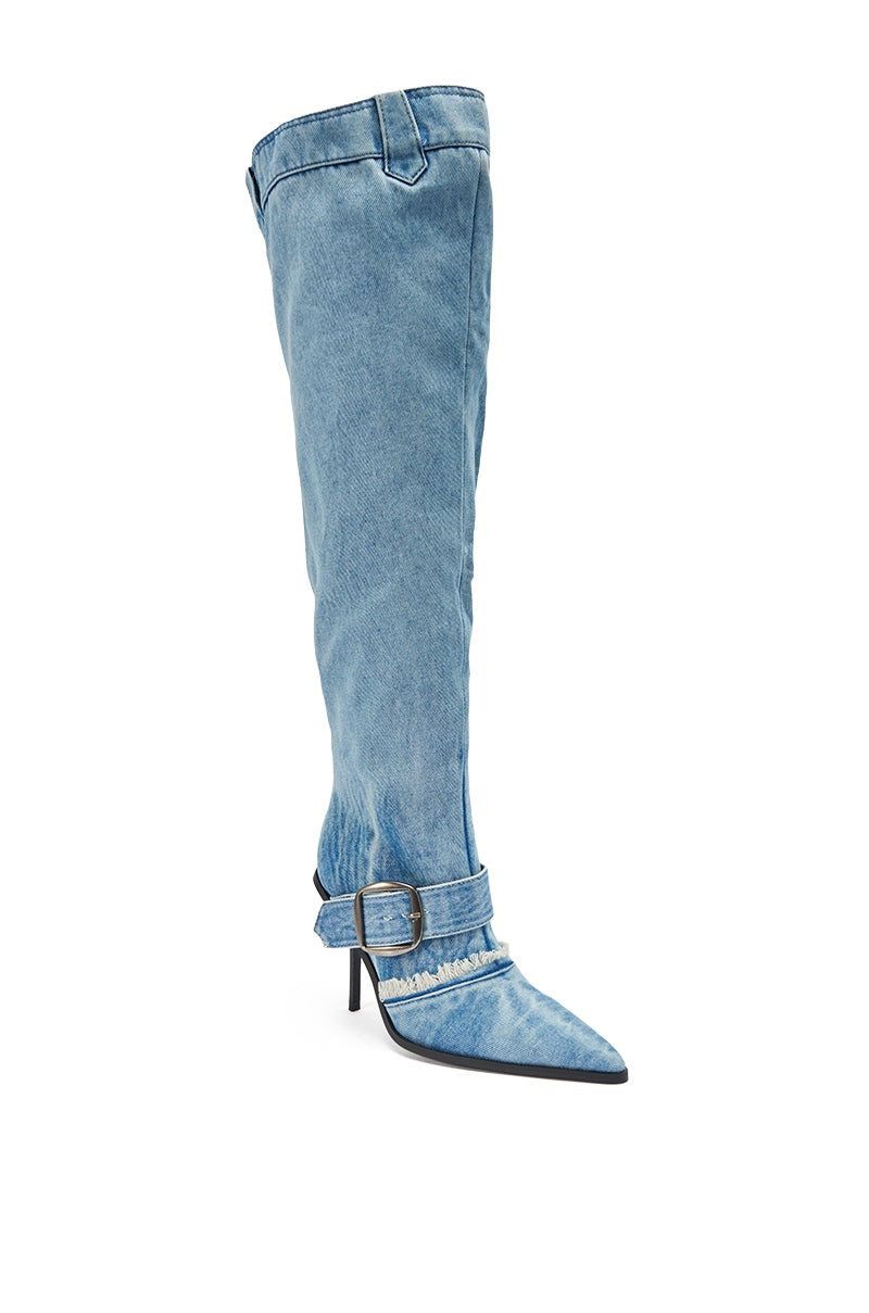 AKIRA GOLD DURANGO DENIM STILETTO PANT LOOK BOOT