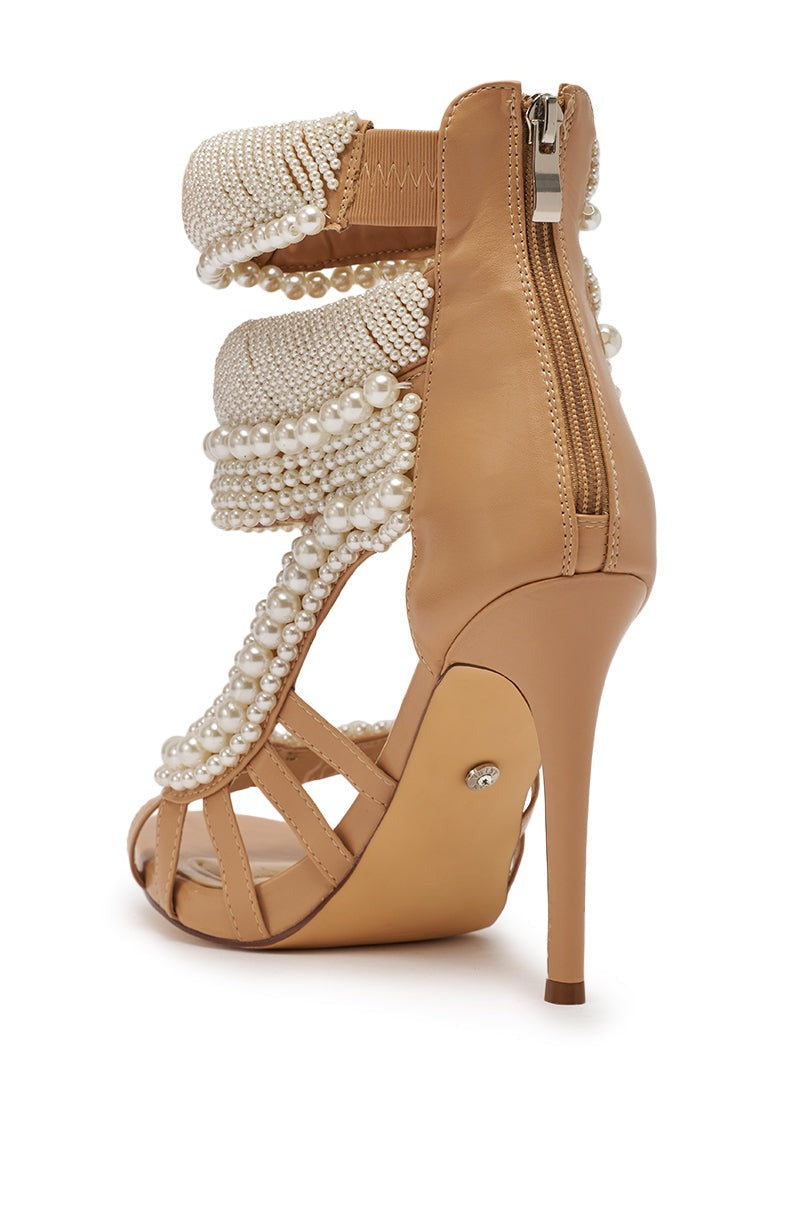 AKIRA GOLD ISOLINE NUDE PEARL EMBELLISHED GLADIATOR SANDAL