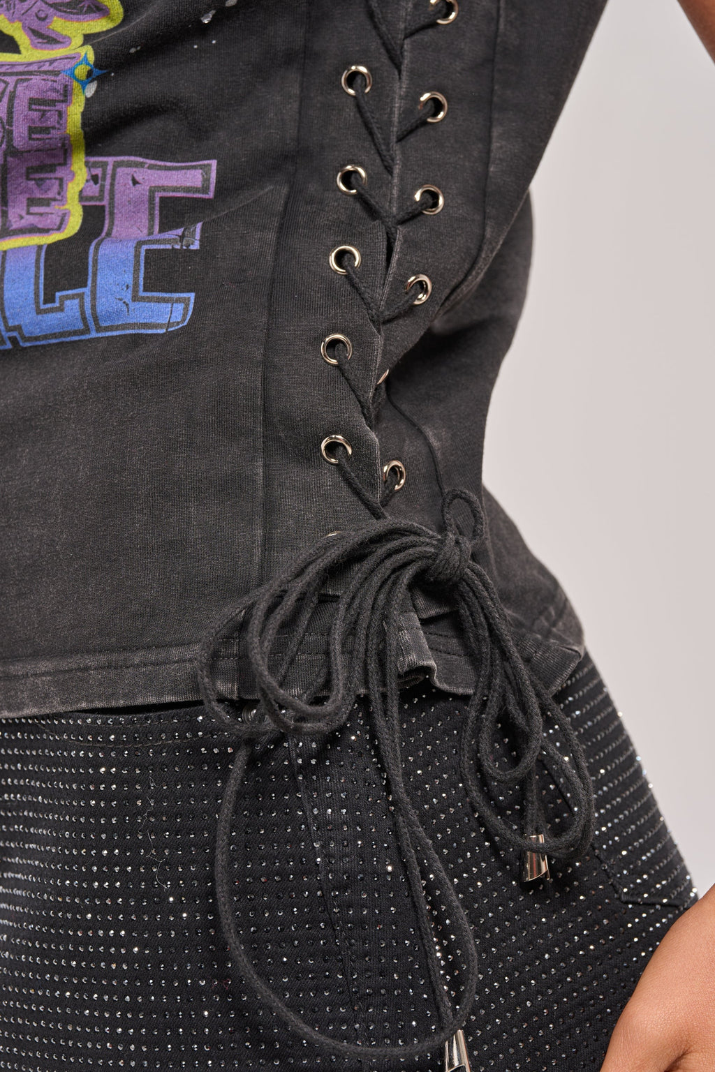 STAY PRESENT EMBELLISHED LACE UP TEE