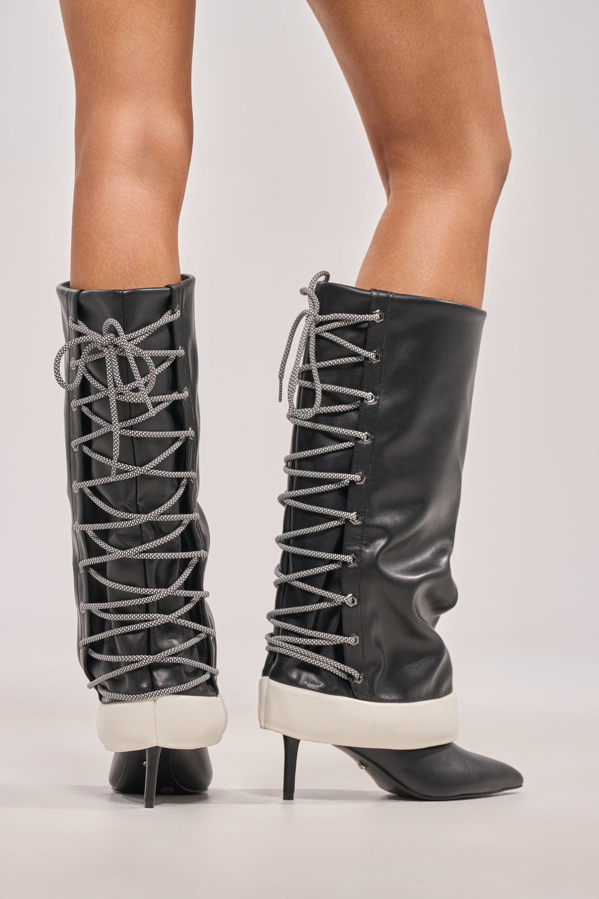 AKIRA GOLD HALOED BLACK LACE UP BLACK BOOTIE