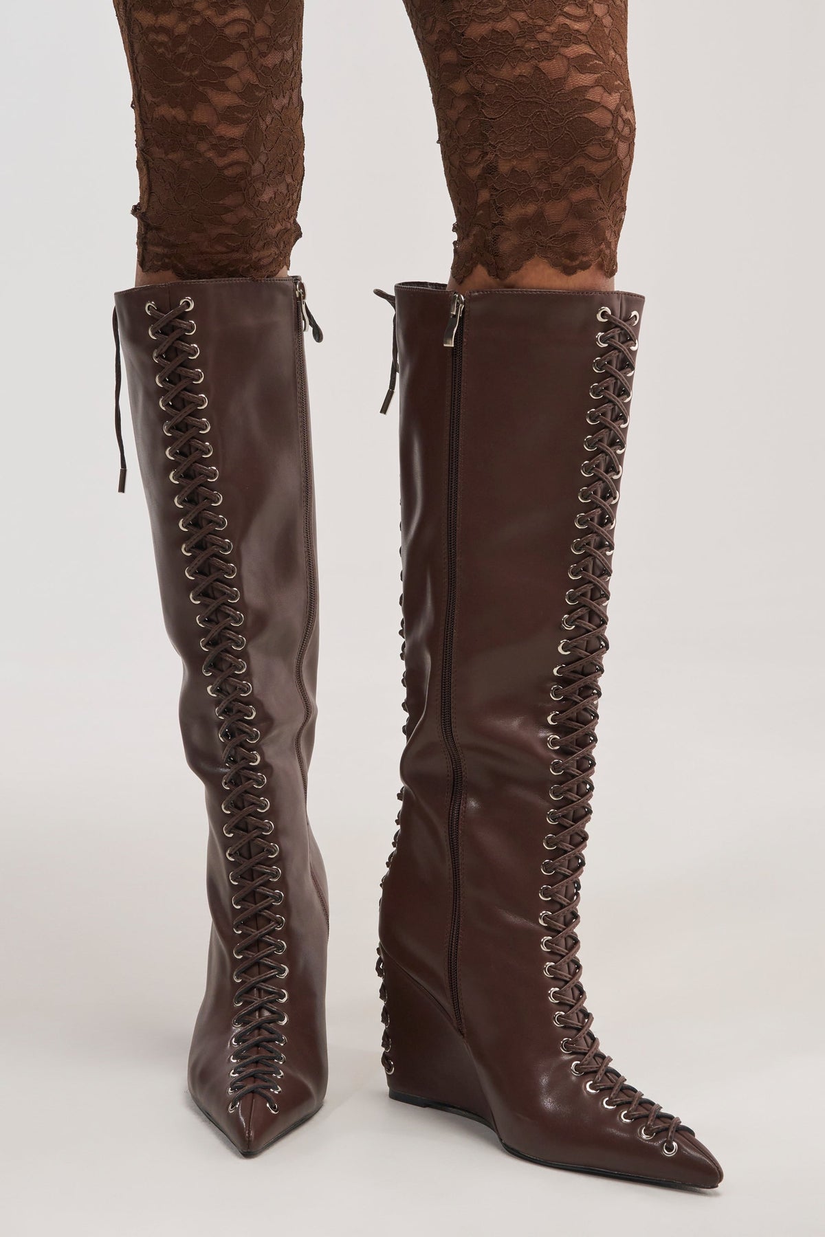 AZALEA WANG THAUMUS BROWN LACE UP WEDGE BOOT