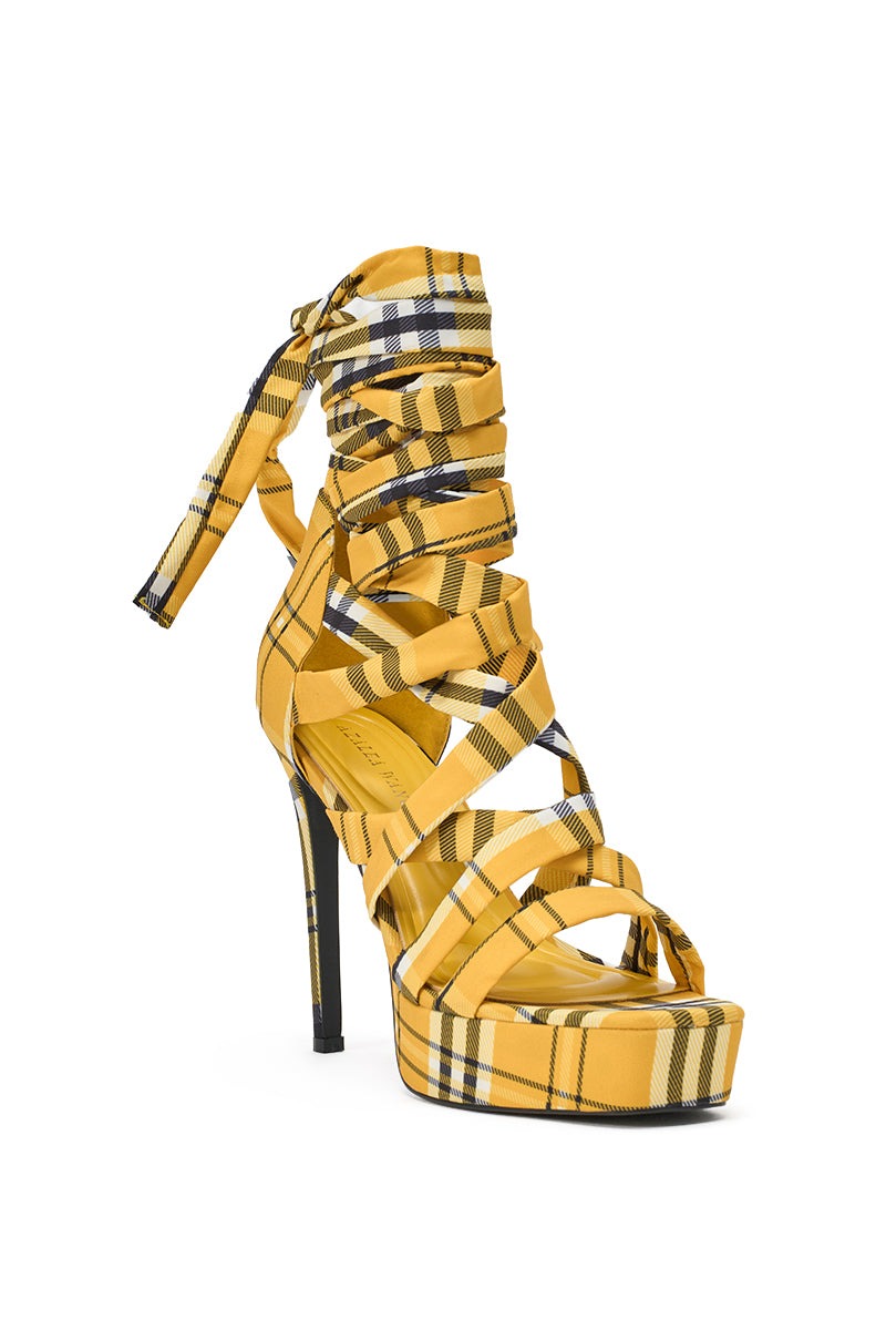 AZALEA WANG JEMISHA YELLOW PLAID PLATFORM LACE UP SANDAL