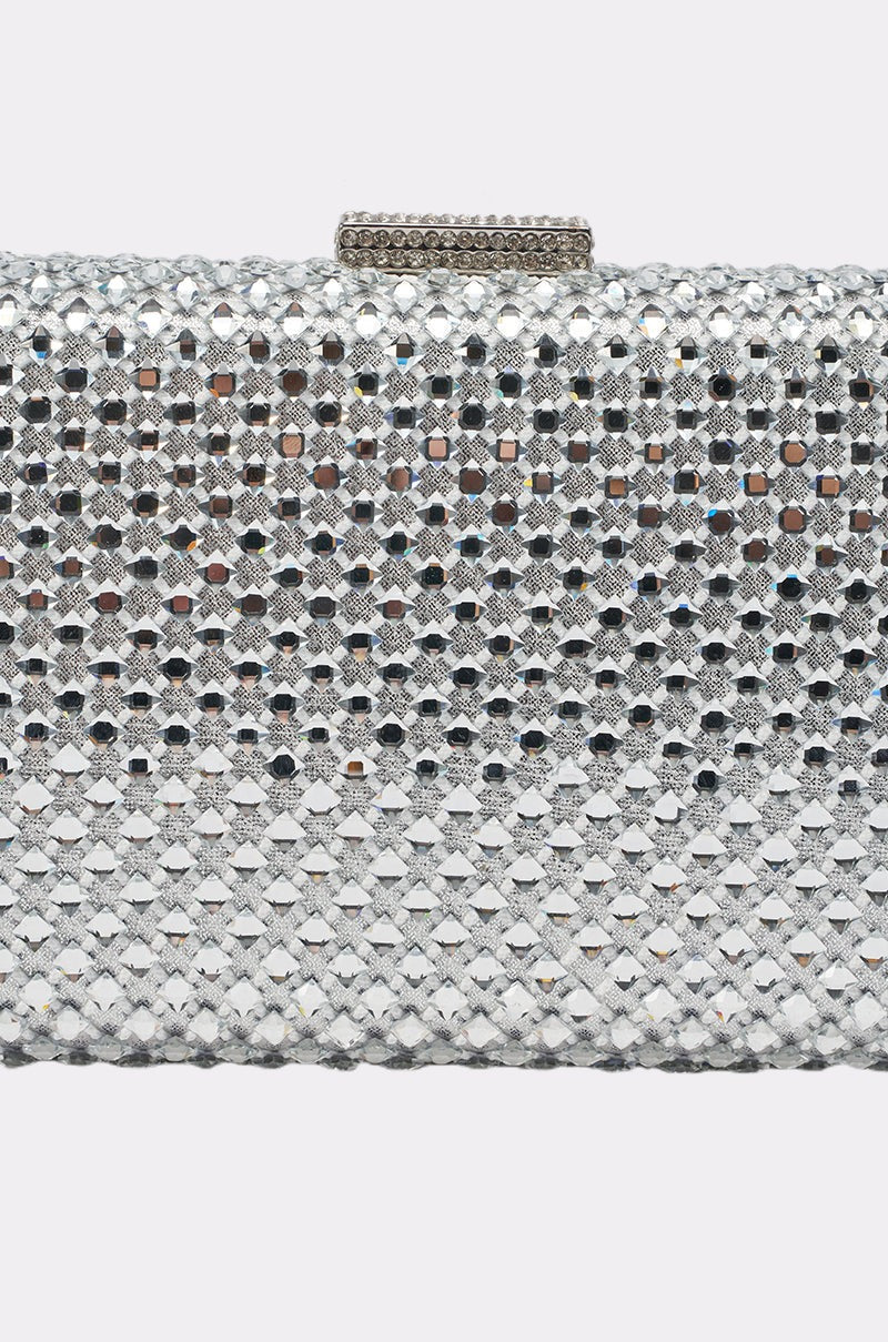 ELECTRIC AURA RHINESTONE CLUTCH IN SILVER