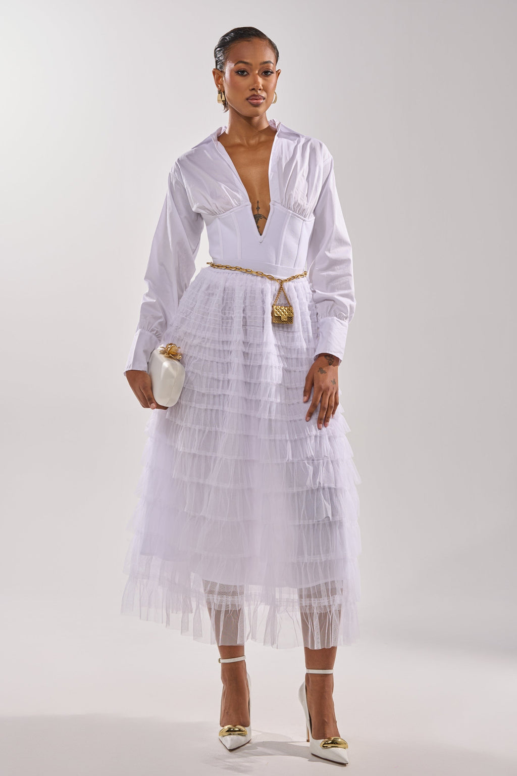 STARS ALIGNED MESH RUFFLE MAXI SKIRT IN WHITE