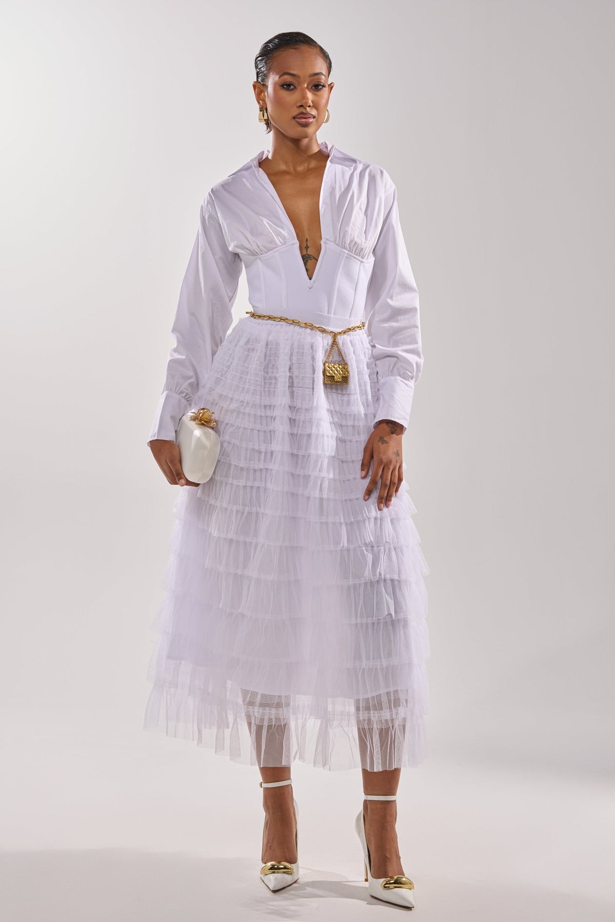 STARS ALIGNED MESH RUFFLE MAXI SKIRT IN WHITE