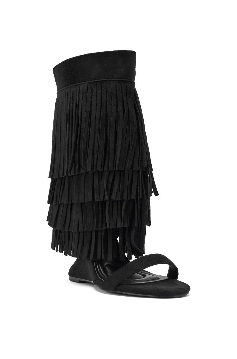 AKIRA GOLD SESTINA BLACK FAUX SUEDE FRINGE WEDGE SANDAL