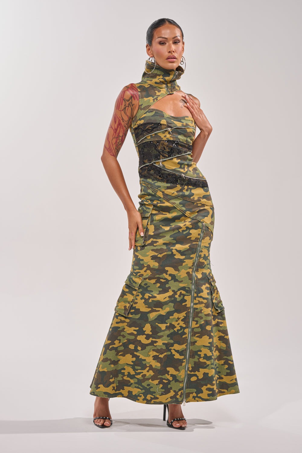 FUSED TOGETHER MOCK NECK MAXI DRESS IN CAMO