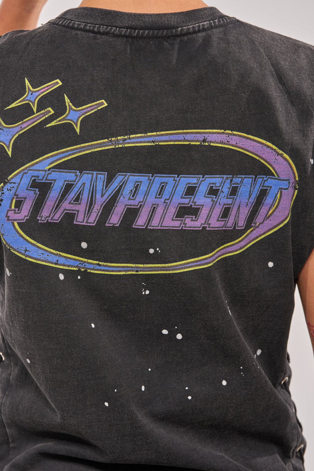 STAY PRESENT EMBELLISHED LACE UP TEE