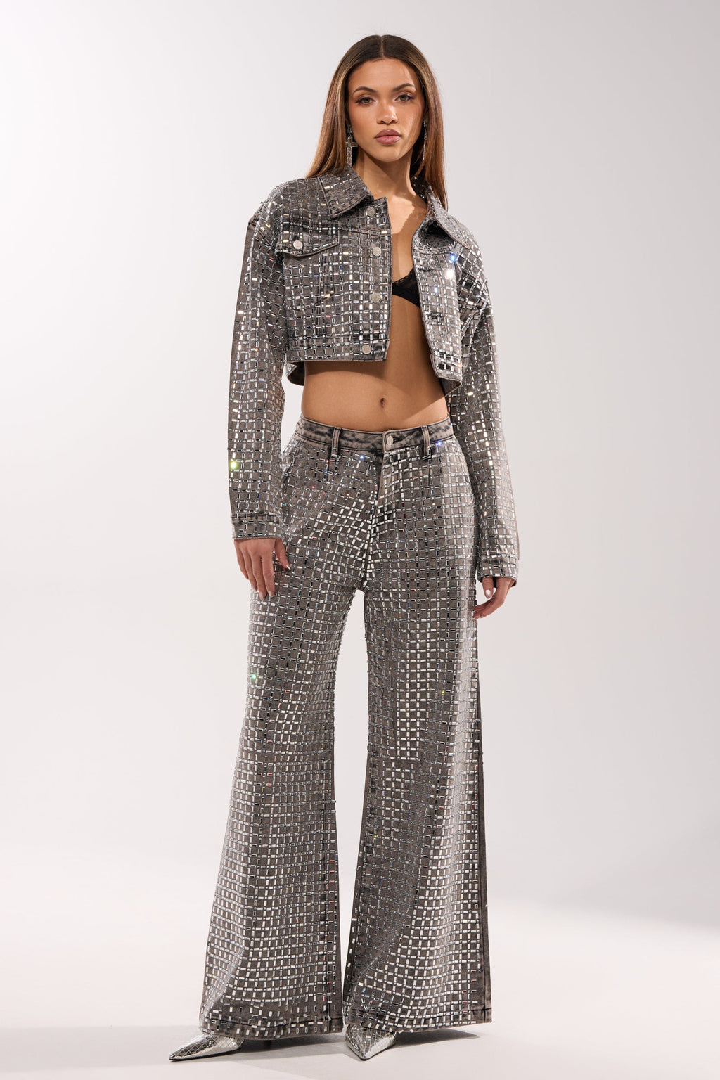 PICK N CHOOSE RHINESTONE DENIM JACKET IN GREY