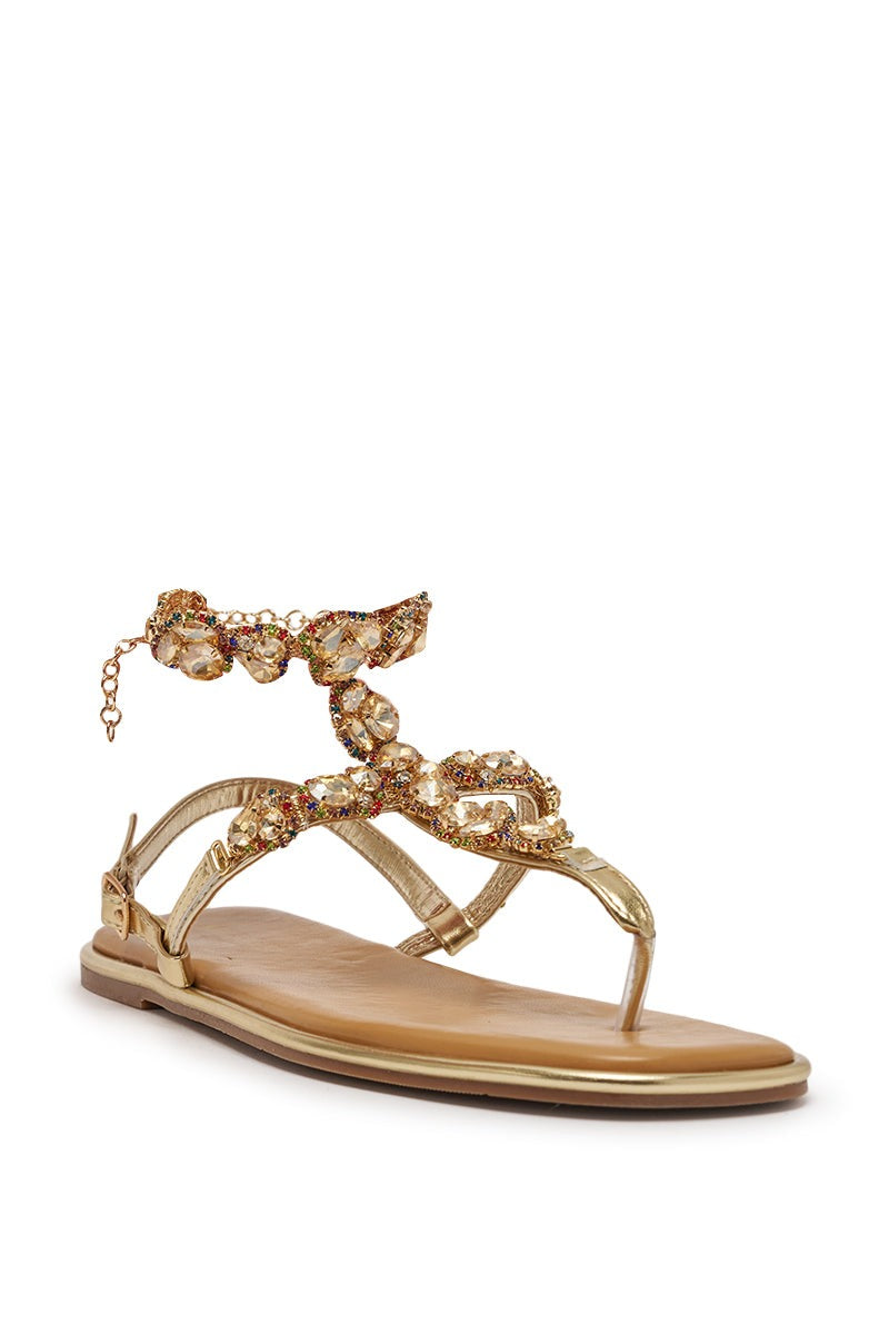 AZALEA WANG LOSKI GOLD METALLIC RHINESTONE EMBELLISHED FLAT STRAP SANDAL