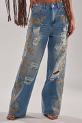 CLEO GOLDEN DISTRESSED STRAIGHT DENIM PANT