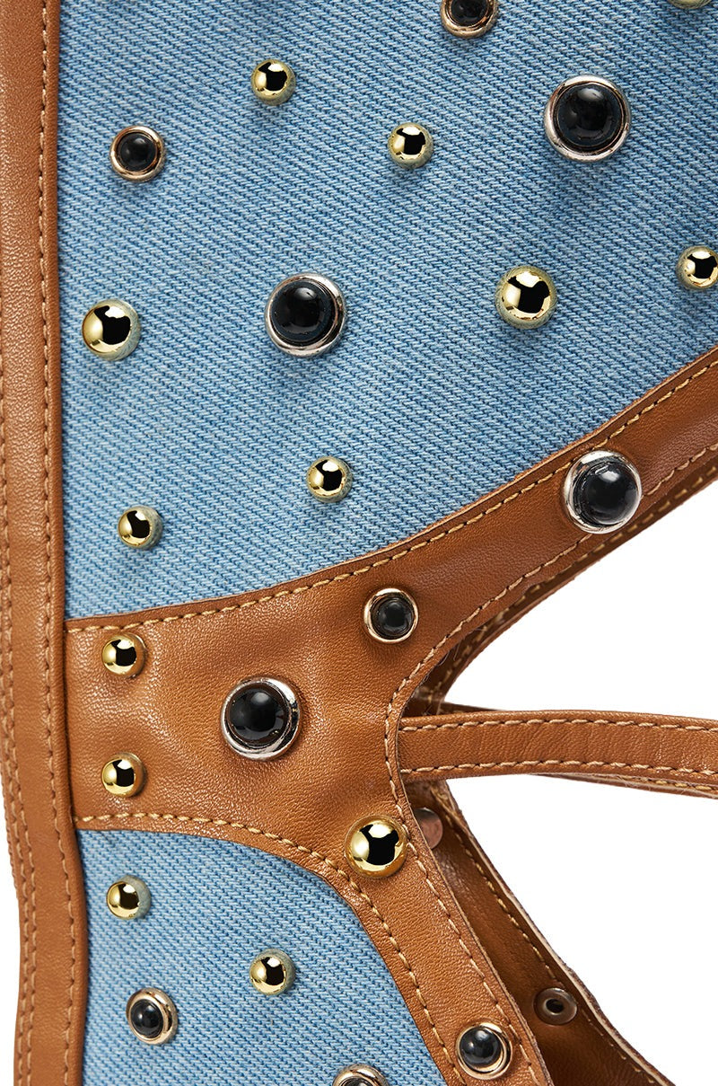 AKIRA GOLD LULANA DENIM METAL STUDDED GLADIATOR STILETTO SANDAL