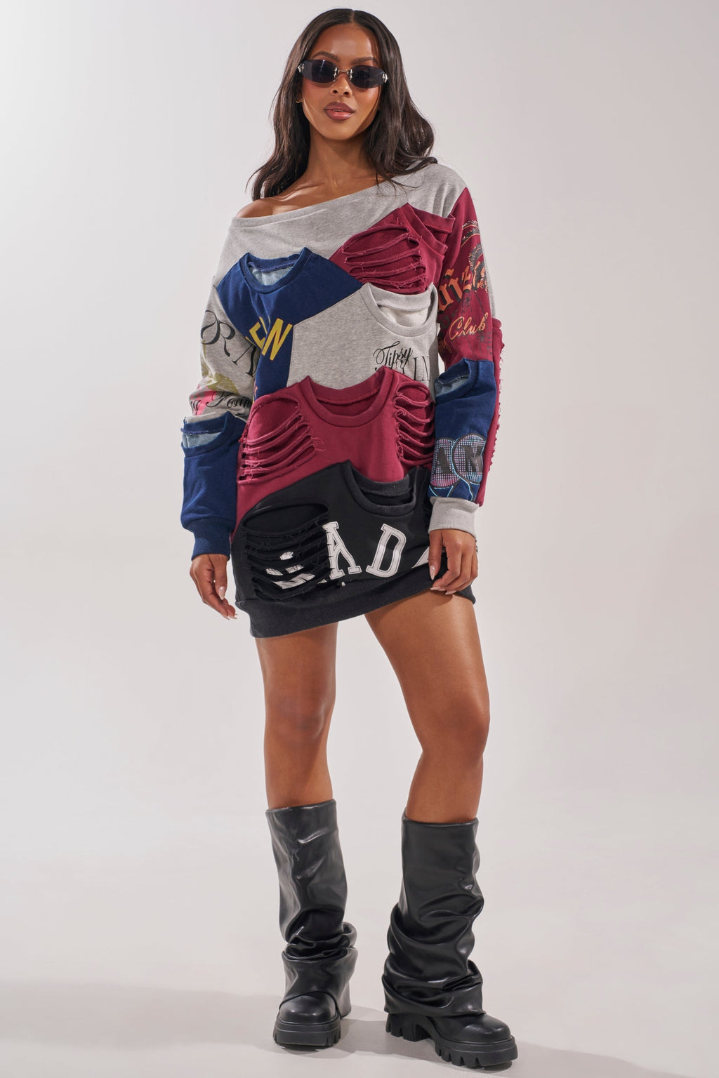 TALK LATER OFF THE SHOULDER PATCHWORK DRESS