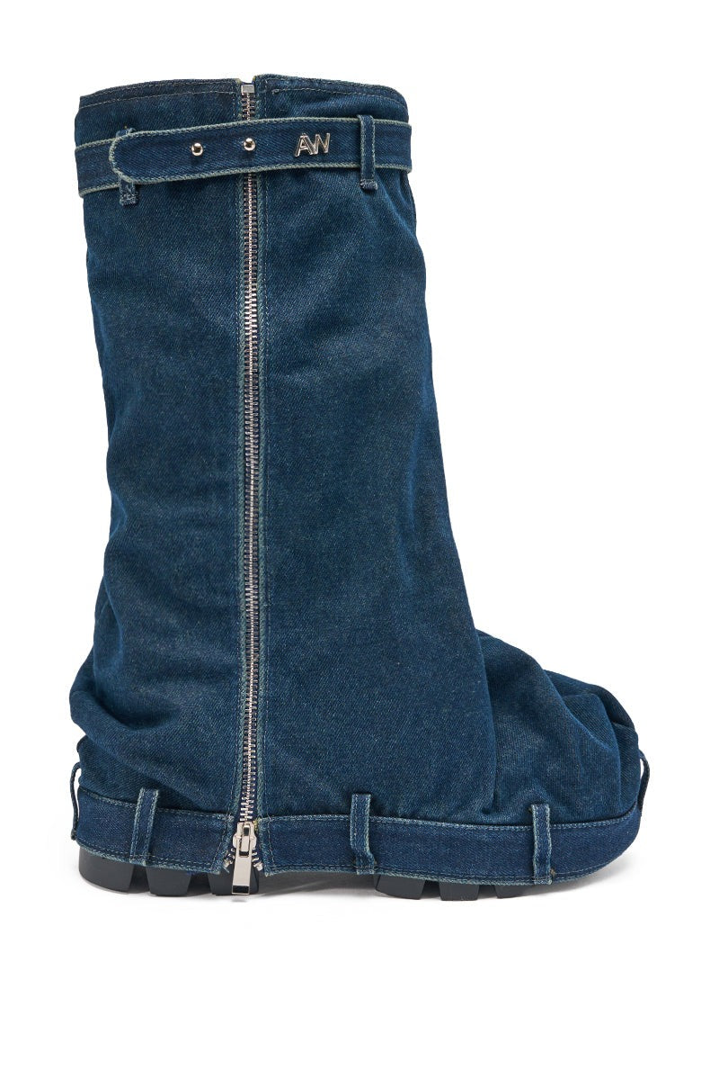 AKIRA GOLD ANGELA FOLD OVER PLATFORM BOOT IN DARK DENIM