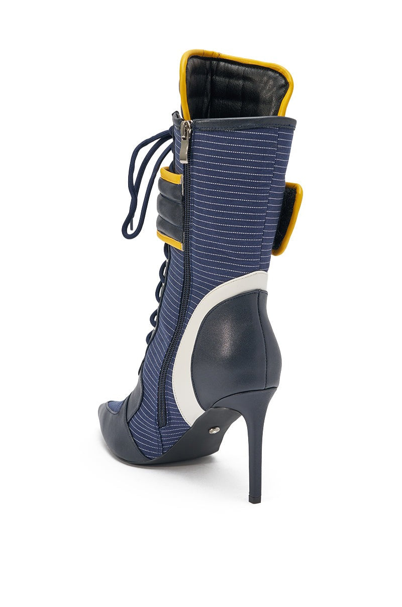 AKIRA GOLD DEMAND NAVY STILETTO BOOTIE