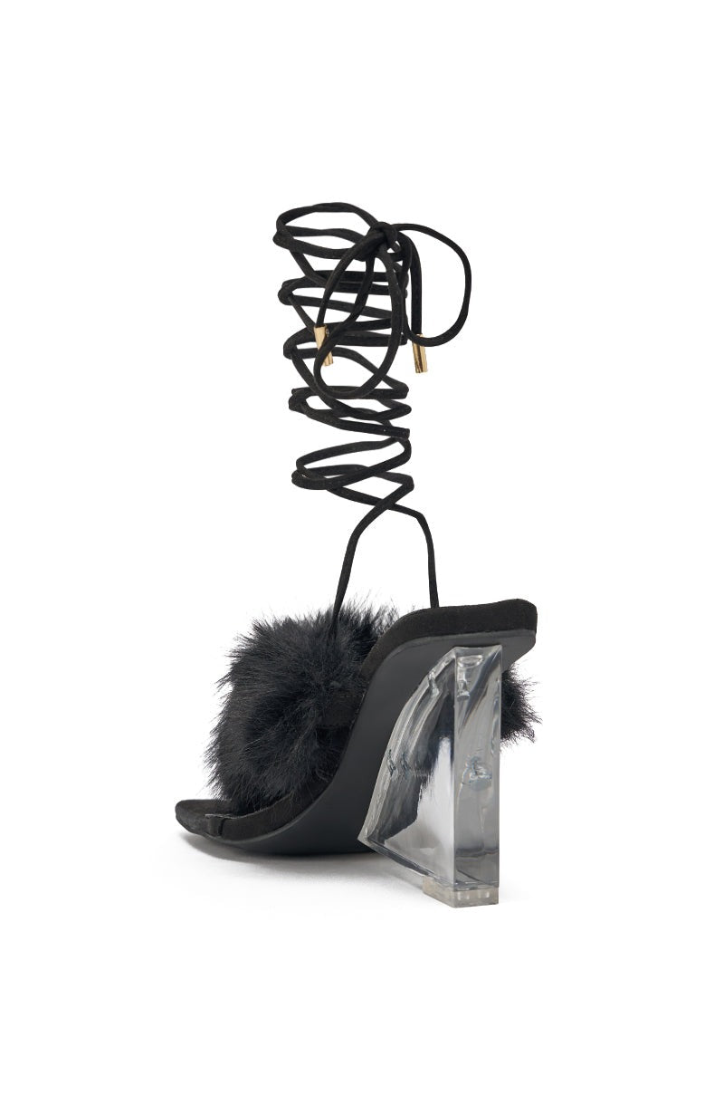 AKIRA GOLD KIRI BLACK FUR THONG SANDAL WITH CLEAR HEEL
