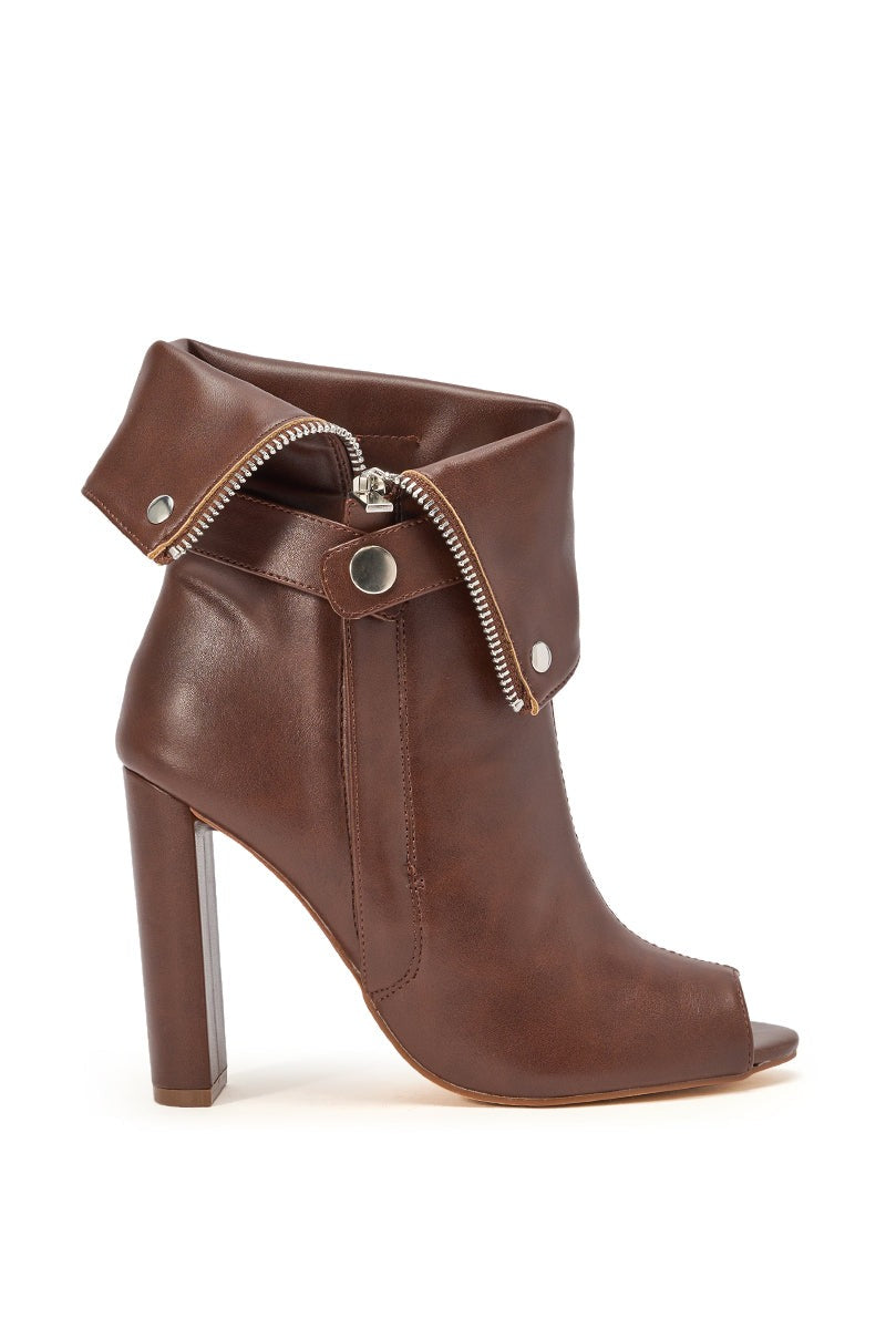 YANIX BROWN PU SILVER HARDWARE CHUNKY HEEL BOOTIE