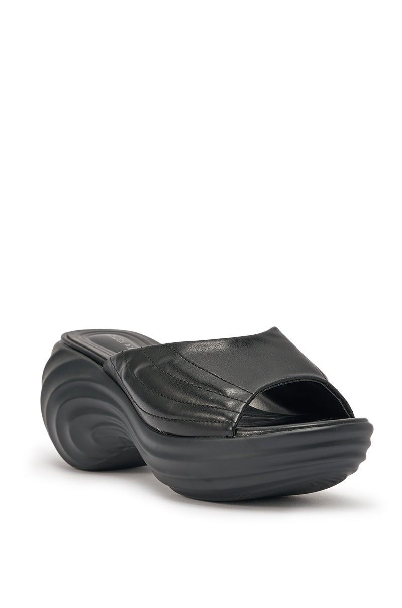 AZALEA WANG MIRAGE BLACK PU FLATFORM SLIP ON SANDAL