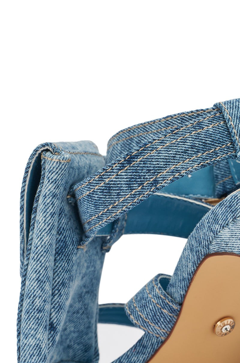 AKIRA GOLD KERSHAW DENIM POCKET STILETTO STRAP SANDAL