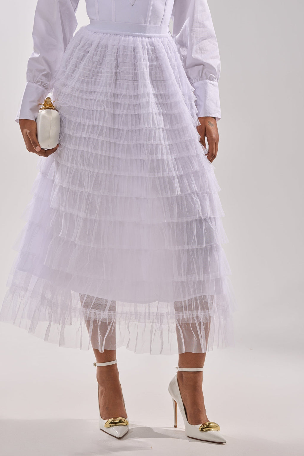 STARS ALIGNED MESH RUFFLE MAXI SKIRT IN WHITE