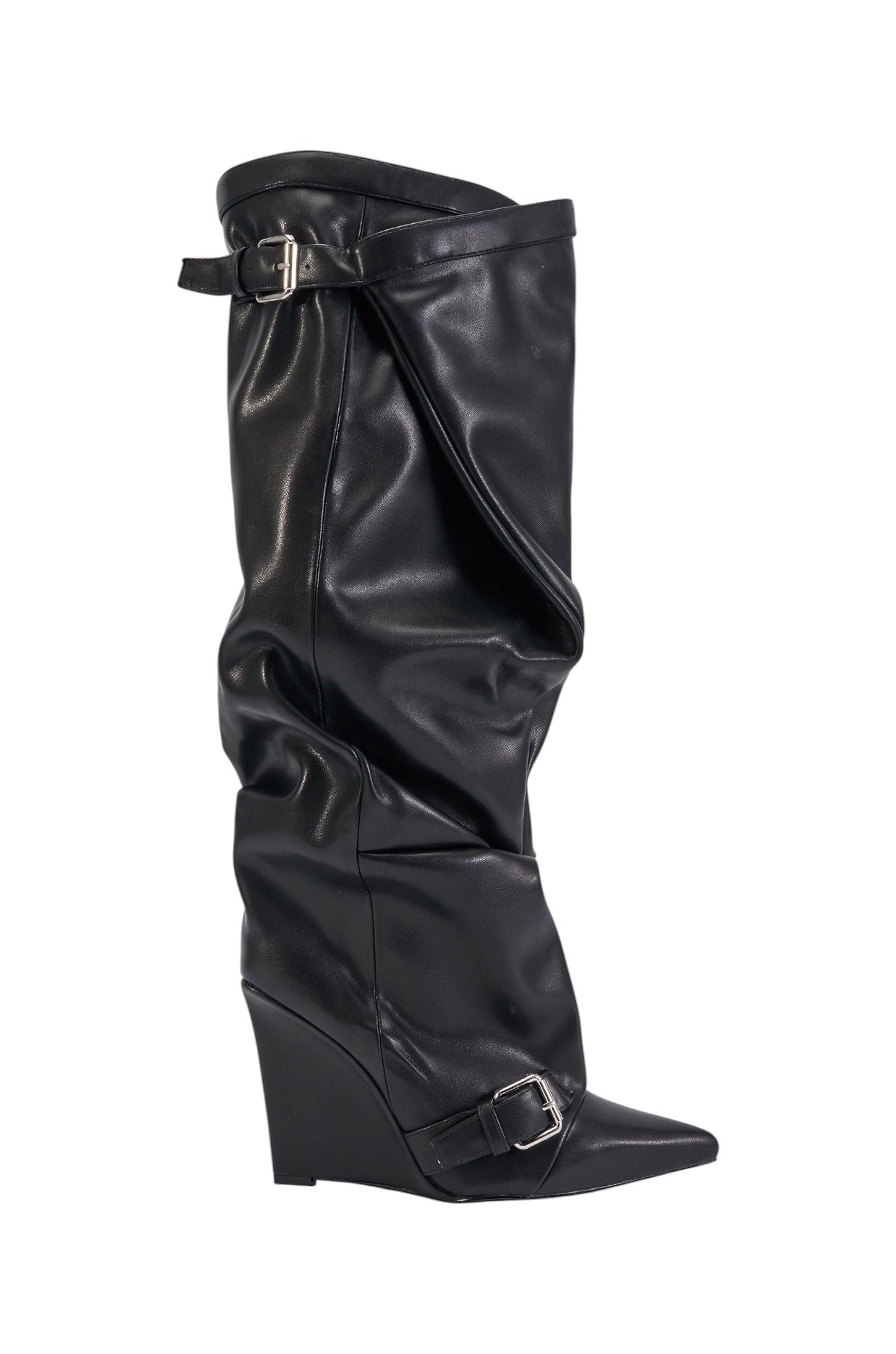AZALEA WANG ARACELI BLACK BELTED DETAIL WEDGE BOOT