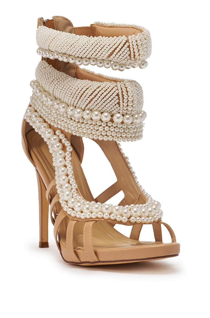 AKIRA GOLD ISOLINE NUDE PEARL EMBELLISHED GLADIATOR SANDAL