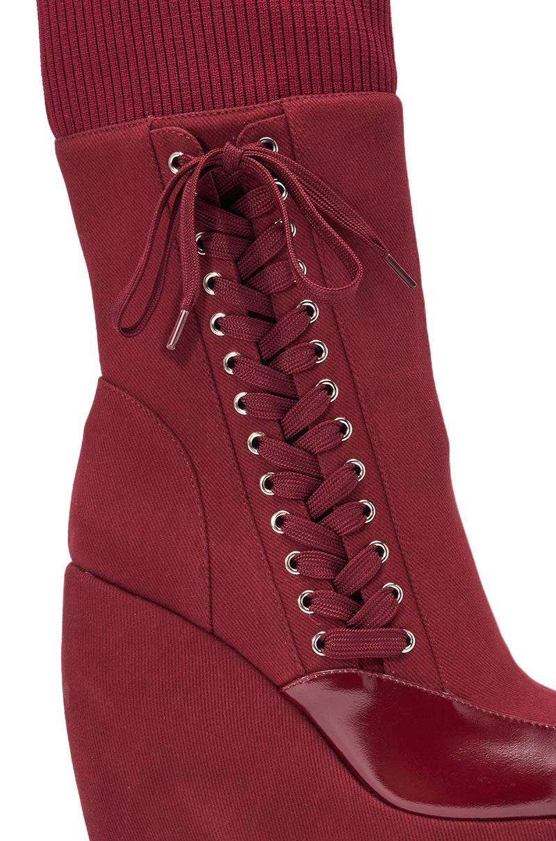 AKIRA GOLD WHATEVER BURGUNDY CANVAS WEDGE BOOTIE