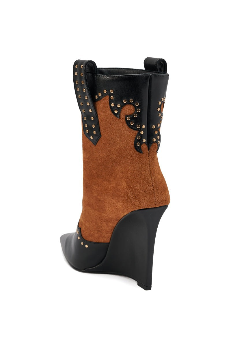 AZALEA WANG TALLULAH COGNAC WEDGE WESTERN BOOTIE