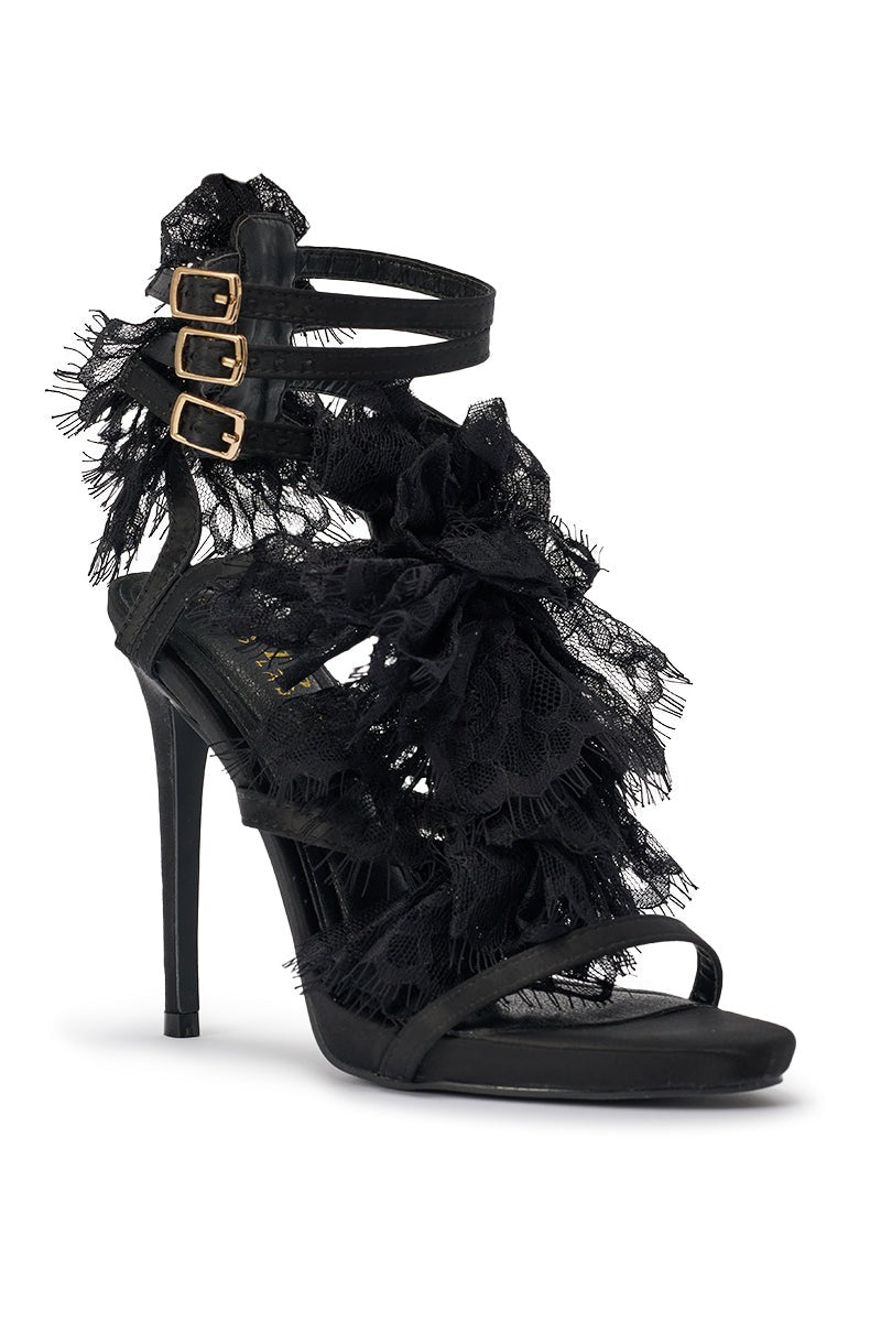 AKIRA GOLD BARRISTER BLACK LACE DETAIL STILETTO SANDAL