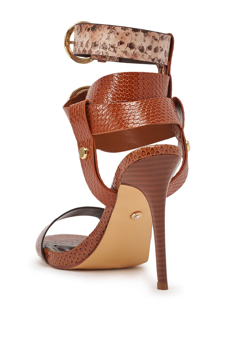 AKIRA GOLD KADINKSY COGNAC MULTI SNAKE MATERIAL STILETTO SANDAL