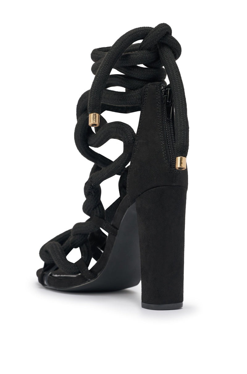 AKIRA GOLD BLACK ROPE STRAP STILETTO SANDAL