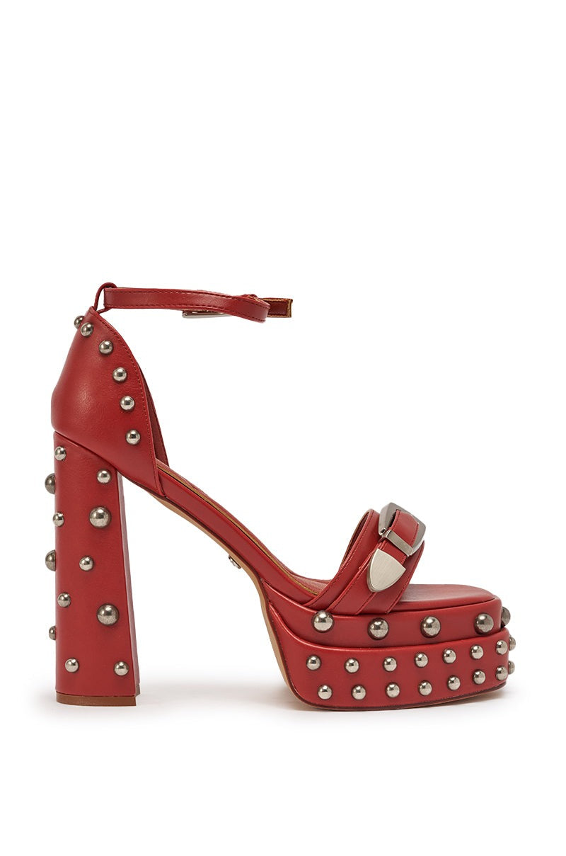 AZALEA WANG EUGENIJA RED CHUNKY EMBELLISHED STUDDED SANDAL