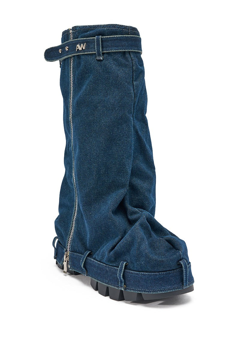 AKIRA GOLD ANGELA FOLD OVER PLATFORM BOOT IN DARK DENIM