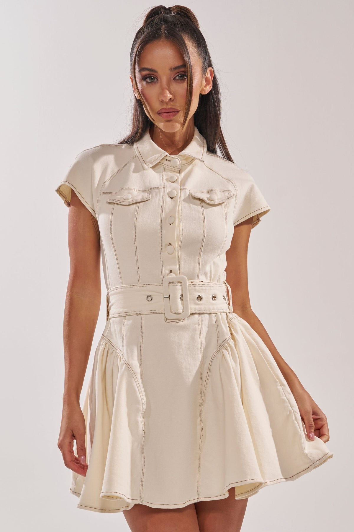 SADIE BUTTON UP DENIM MINI DRESS IN WHITE