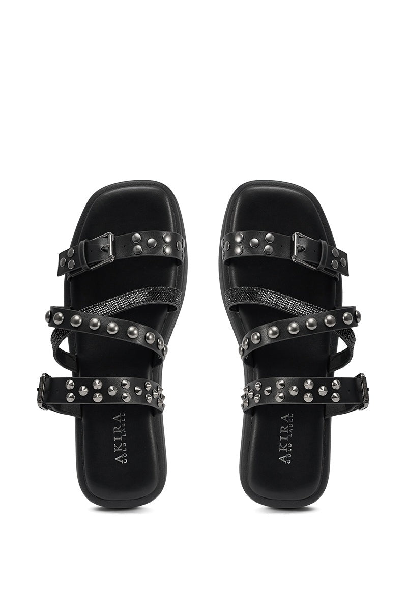 AKIRA GOLD MANNING BLACK HARDWARE EMBELLISHED FLAT SANDAL